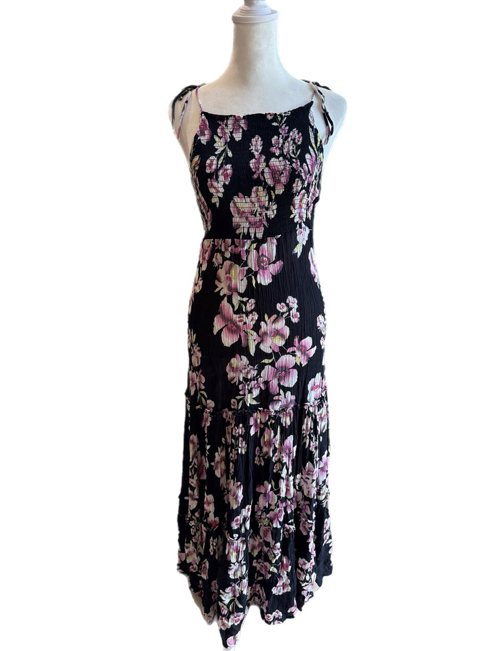 Free People Black Maxi Dress with Pink Floral Print
